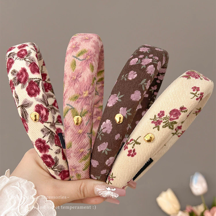 Vintage Floral พิมพ์ฟองน้ําสูง Hairband ผม Hoop Headwear เครื่องประดับผมเกาหลี