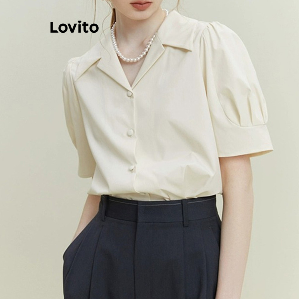 Lovito เสื้อเบลาส์กระดุมธรรมดาหรูหราสำหรับผู้หญิง LNE74439