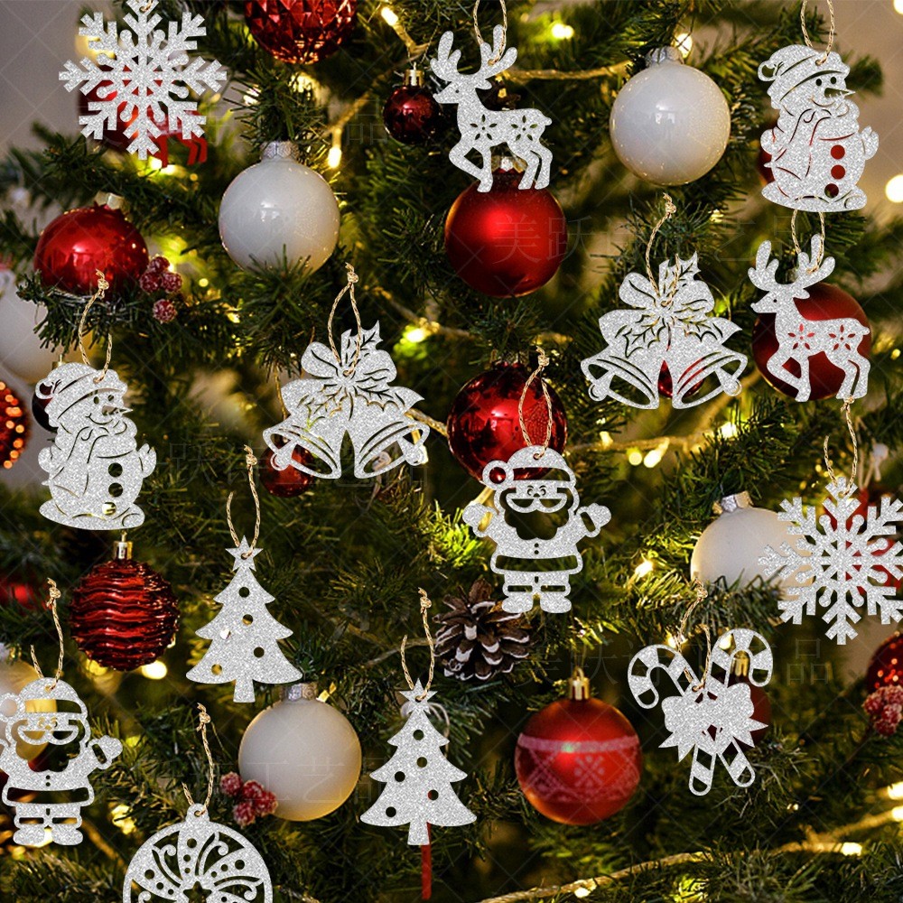 8 ชิ้น Glitter Silver DIY ตกแต่งต้นคริสต์มาส Snowflake Snowman Reindeer Santa แขวนเครื่องประดับ