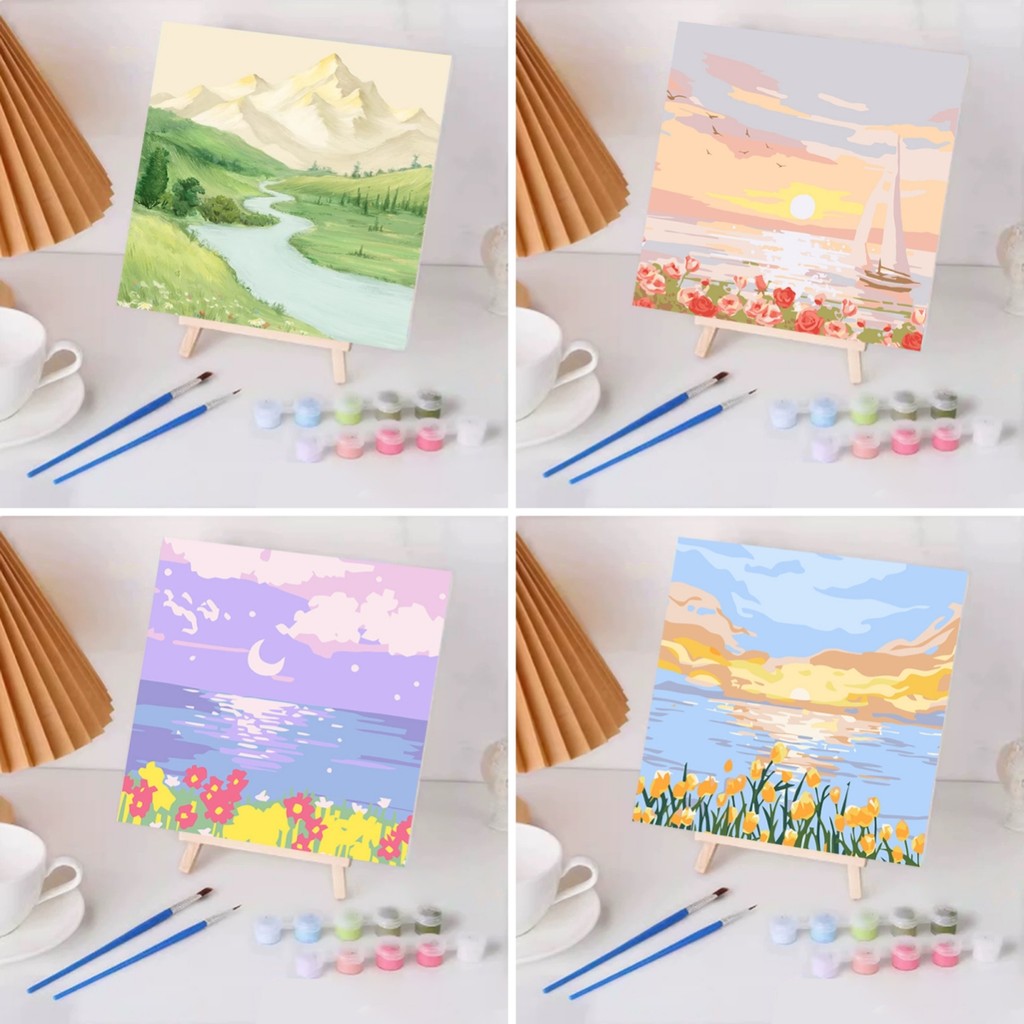 มีกรอบ จิตรกรรมดิจิตอล 20*20ซม. ทิวทัศน์ธรรมชาติ ระบายสีตามเลข DIY ของเล่นเด็ก
