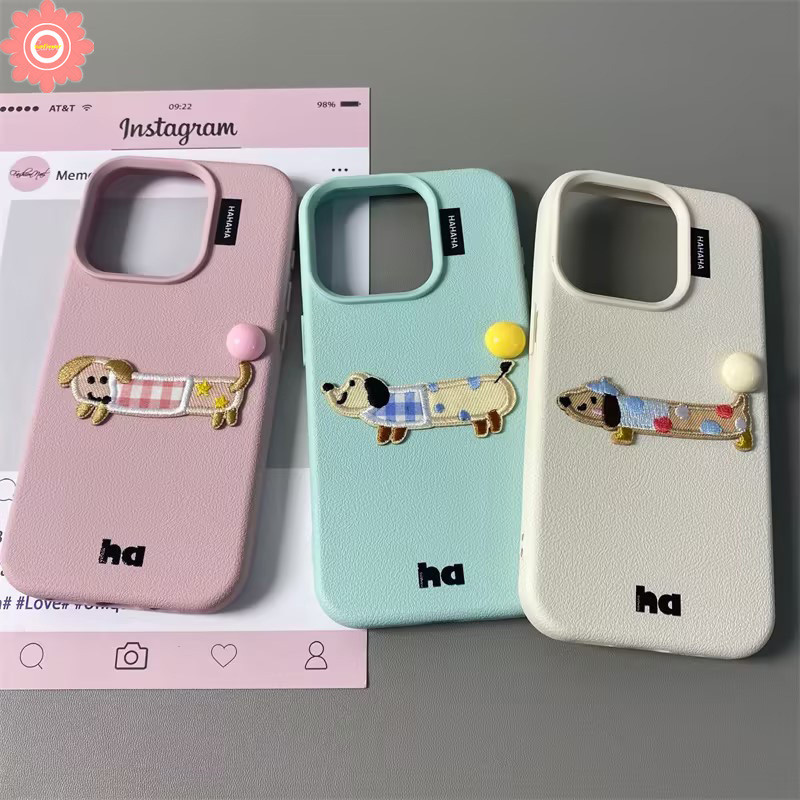 Creative Macaroon น่ารักการ์ตูน Dachshund สําหรับ IPhone 15 16 11 12 14 13 Pro Max 16 15 14 Plus XS XR X Max สีทึบหรูหราผิวรู้สึกหนังกรณีเนื้อ