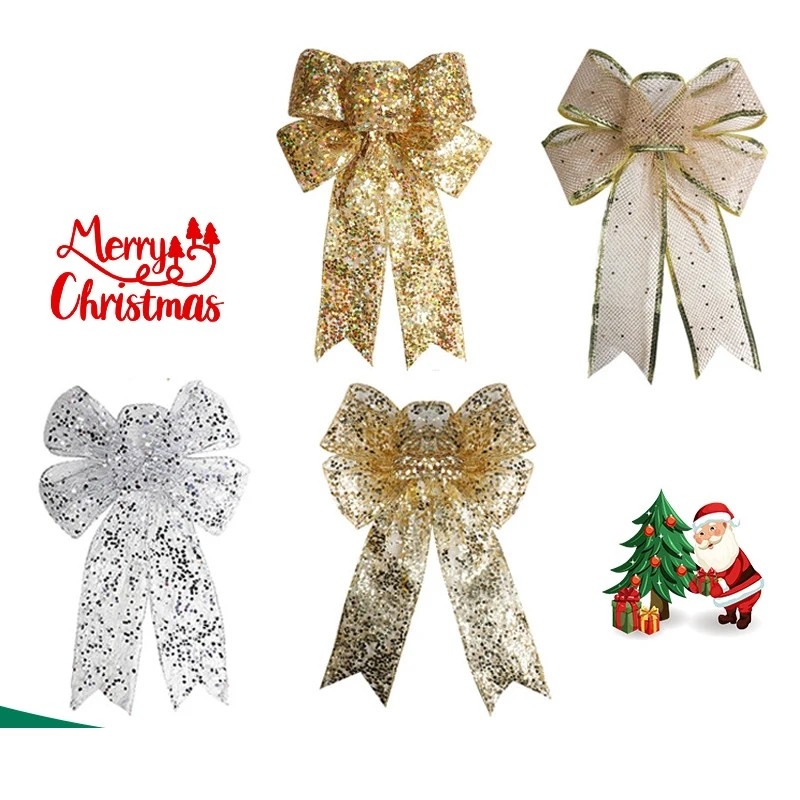 ต้นคริสต์มาส Handmade Bowknot Ribbon Large Gold Sequins Gauze Bow Gift Hanging Pendent