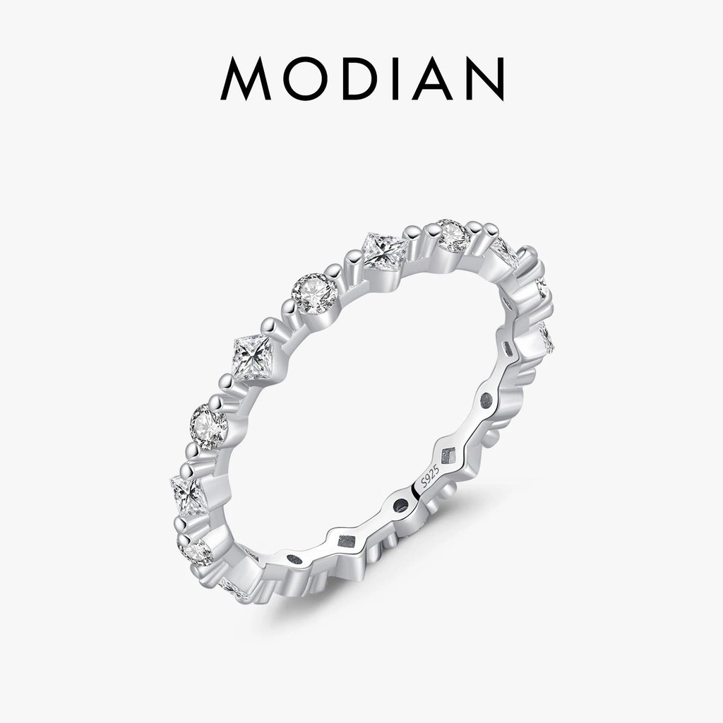 Modian 925 เงินสเตอร์ลิงอินเทรนด์ที่ละเอียดอ่อนสแควร์รอบ CZ ซ้อน Slim Eternity Band แหวนผู้หญิงเครื่องประดับของขวัญ