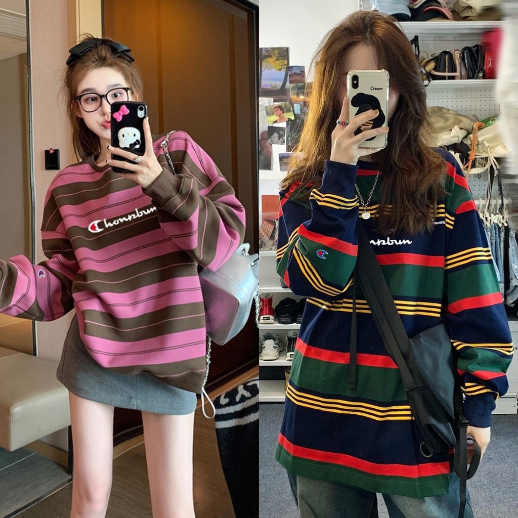เกาหลีสายรุ้งลายเสื้อยืดฤดูใบไม้ร่วงแขนยาวเสื้อยืดบางผู้หญิงด้านบนกีฬากลางแจ้งย์เสื้อยืดวินเทจถนนสบายๆคลุมด้วยผ้าเส