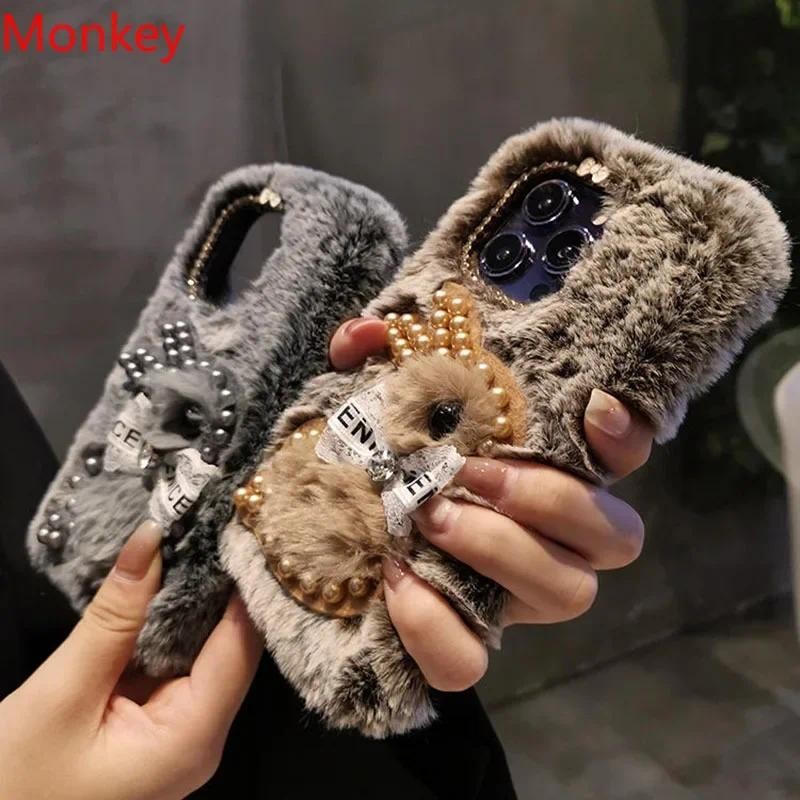หรูหราเพชรมุกปุยตุ๊กตา3dกระต่ายเคสโทรศัพท์สําหรับiphone 16 Pro Maxกรณี15 14 Plus 13 12 11 X XS XRซิลิโคนนุ่มกรณี