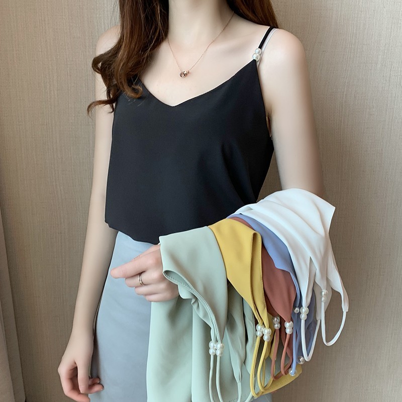 เสื้อสายเดี่ยวสีดำ ผู้หญิง ฤดูร้อน ทรงหลวม ผ้าชิฟฟอน สั้น สายเซ็กซี่ ไม่มีแขน สวมใส่ได้ทั้งชั้นในและชั้นนอก