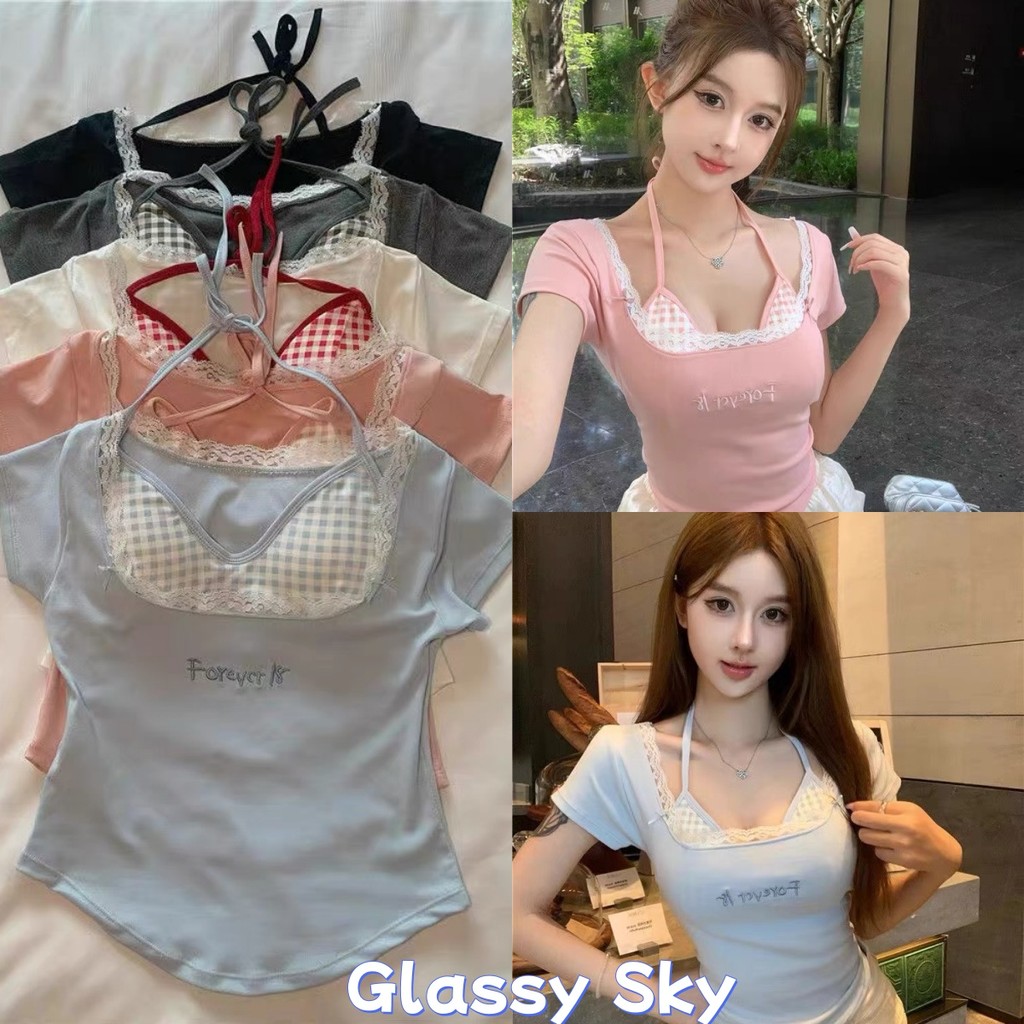 Glassy Sky พร้อมส่ง เสื้อครอปแขนสั้น คอกลม เกาหลีสไตล์ดีเทลแต่งเย็บสองชั้น มีฟองน้ำ เสื้อยืดผู้หญิง(FY5056)