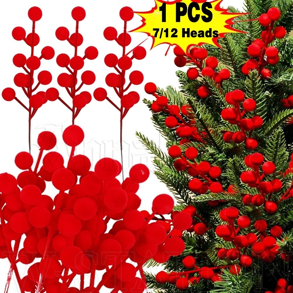 คริสต์มาสจําลอง Flocking Berries / Big Red Flannel Bead Berry สําหรับตกแต่งต้นคริสต์มาส/ปีใหม่ประดิษฐ์ Holly Berry Stems ตกแต่ง/พวงหรีดเครื่องประดับ/ตกแต่งโต๊ะปาร์ตี้