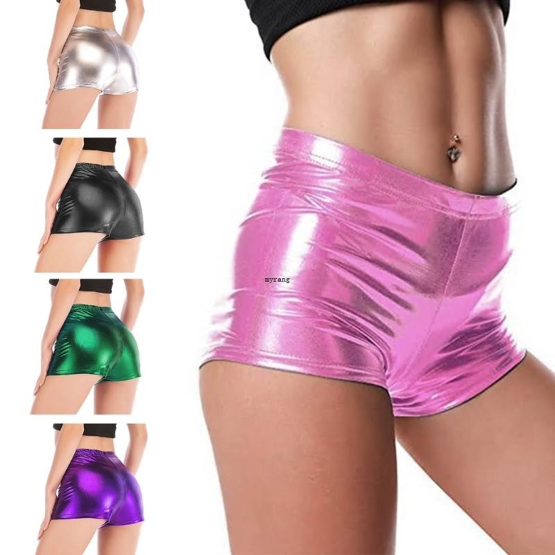 ✿ กางเกงขาสั้นสตรี Glitter เอวยางยืด Faux PU หนัง Metallic Solid สั้นกางเกง Slim Dance Party Clubwear กางเกงขาสั้นขนาดเล็ก