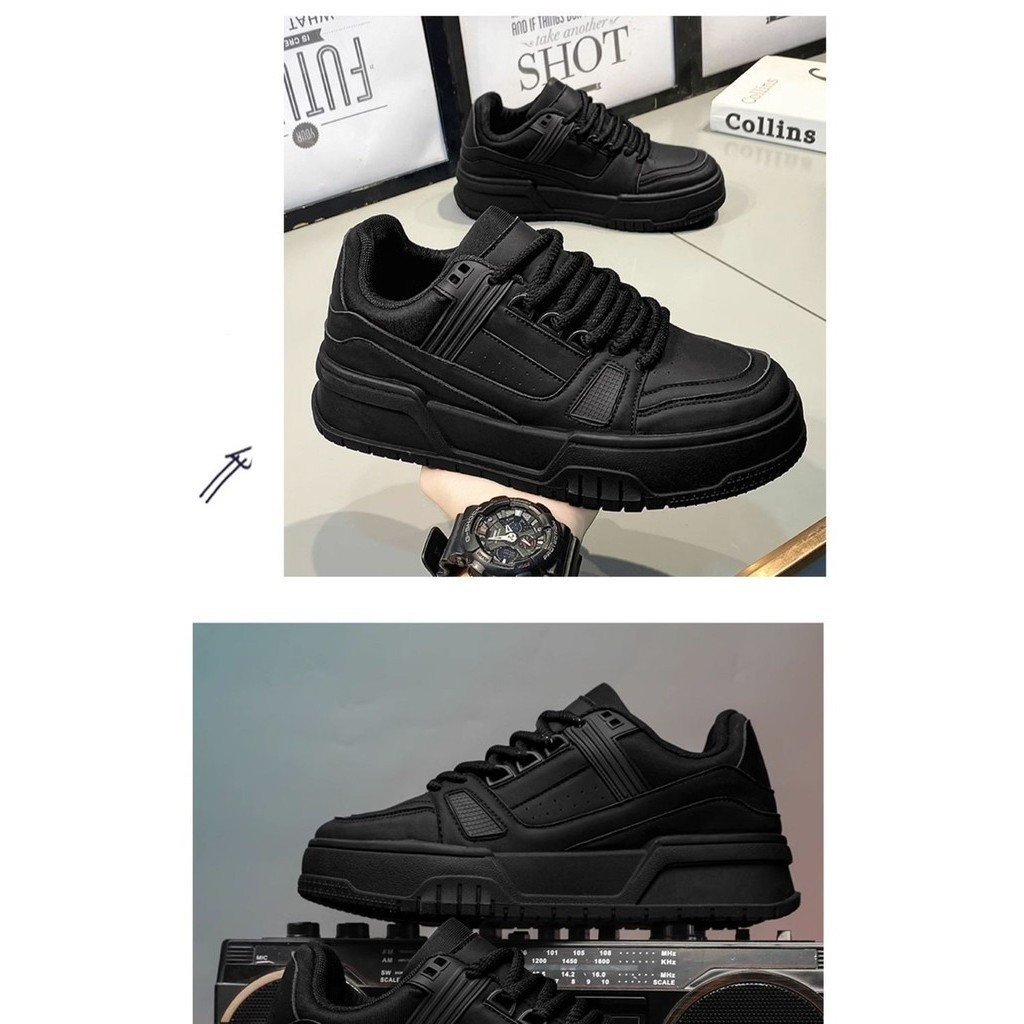 KUNOISEรองเท้าผู้ชายฤดูใบไม้ผลิฤดูใบไม้ร่วง Niche Design All-Match Casual รองเท้าผ้าใบสีดําวัยรุ่นกีฬาหนา Soled เพิ่มความสูงขนมปังรองเท้าอินเทรนด์ 0I2E 6E7Z