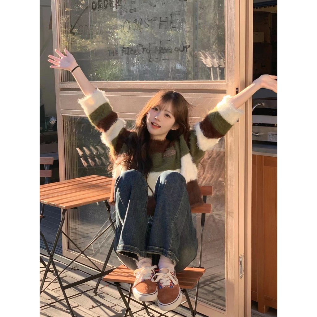 ❤️【สินค้าพร้อม】❤️ อเมริกันมิงค์ผมสีคมชัดลายเสื้อกันหนาวผู้หญิงหลวมรอบคอเสื้อสวมหัวเสื้อแขนยาว - รูปที่ 2