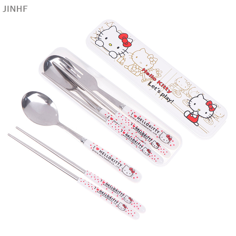[BestBuyshop] Hello Kitty Sanrio ช้อนส้อมโลหะสับบนโต๊ะอาหารน่ารัก Kawaii อะนิเมะการ์ตูน 304 สแตนเลส PU กระเป๋าเก็บของขวัญเด็กสต็อกใหม่