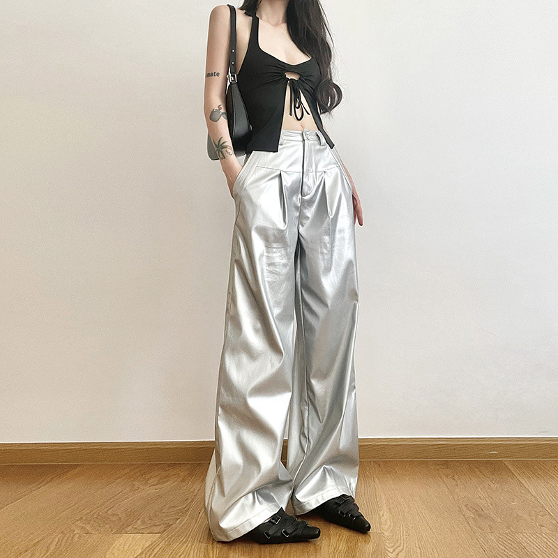 กางเกงผู้หญิงทรงหลวมหนัง PU ดีไซน์เท่สไตล์พังก์ whatiwear สีเงินเดรปสีเงินแบบลำลอง3f2s