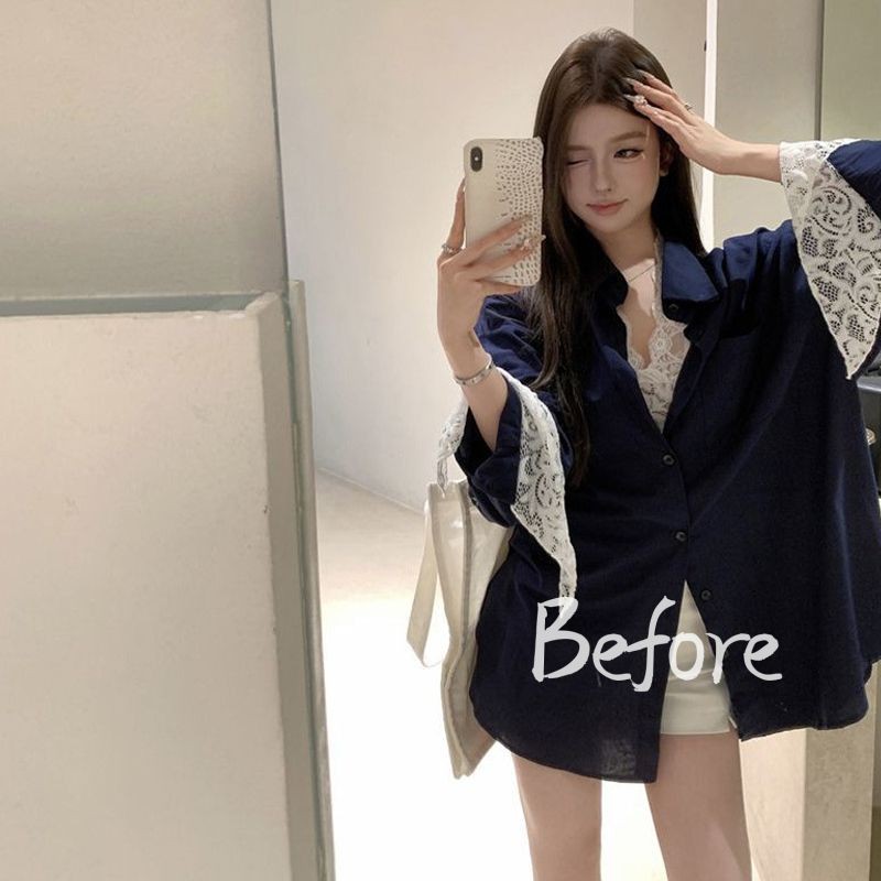เสื้อเชิ้ตแขนยาวคอปกลูกไม้เปิดลงผู้หญิงเสื้อนิชหลวมความยาวกลางกระเป๋าเดี่ยวด้านบน BF