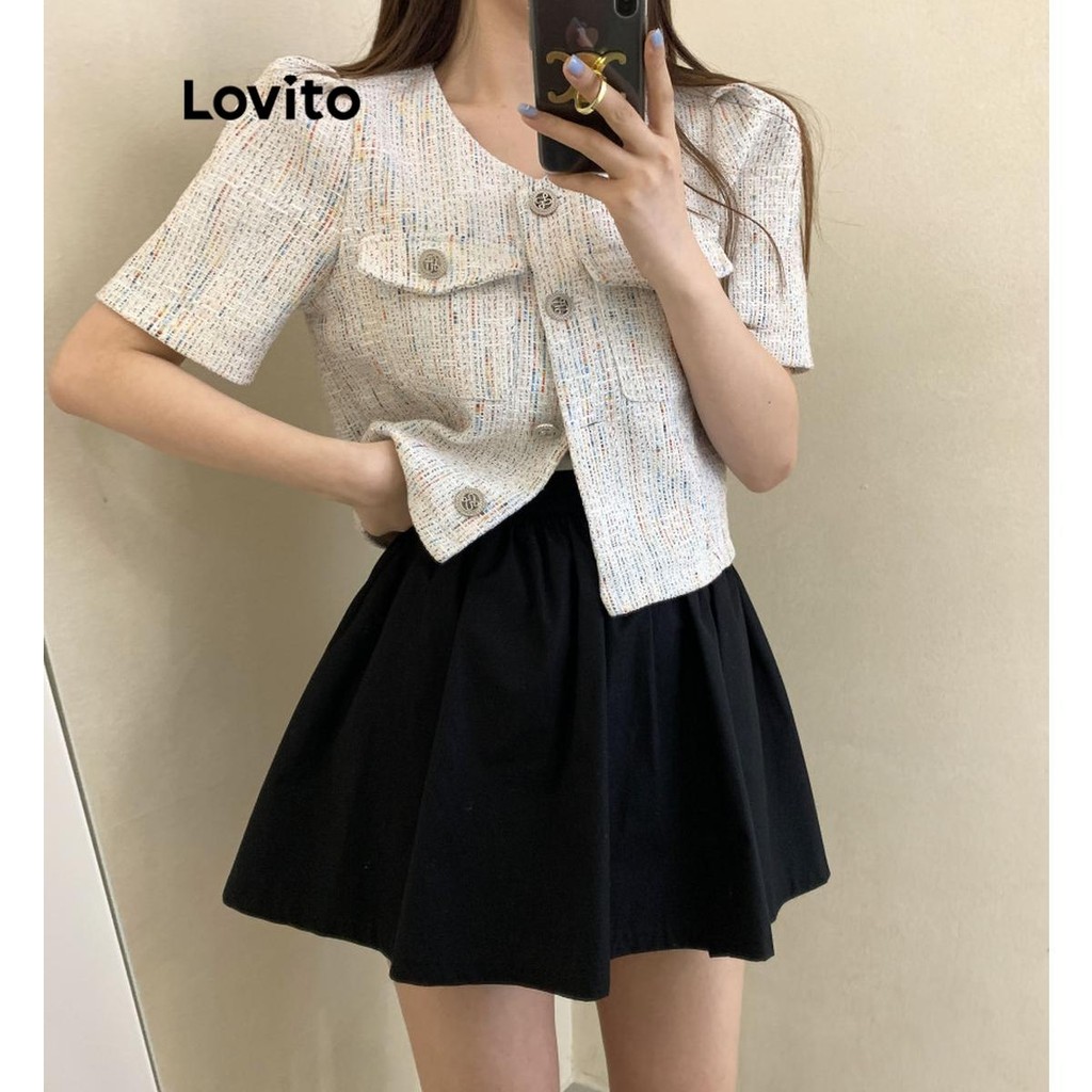 Lovito เบลเซอร์ผู้หญิง มีกระดุม สีพื้น สไตล์ลำลอง LNA66332