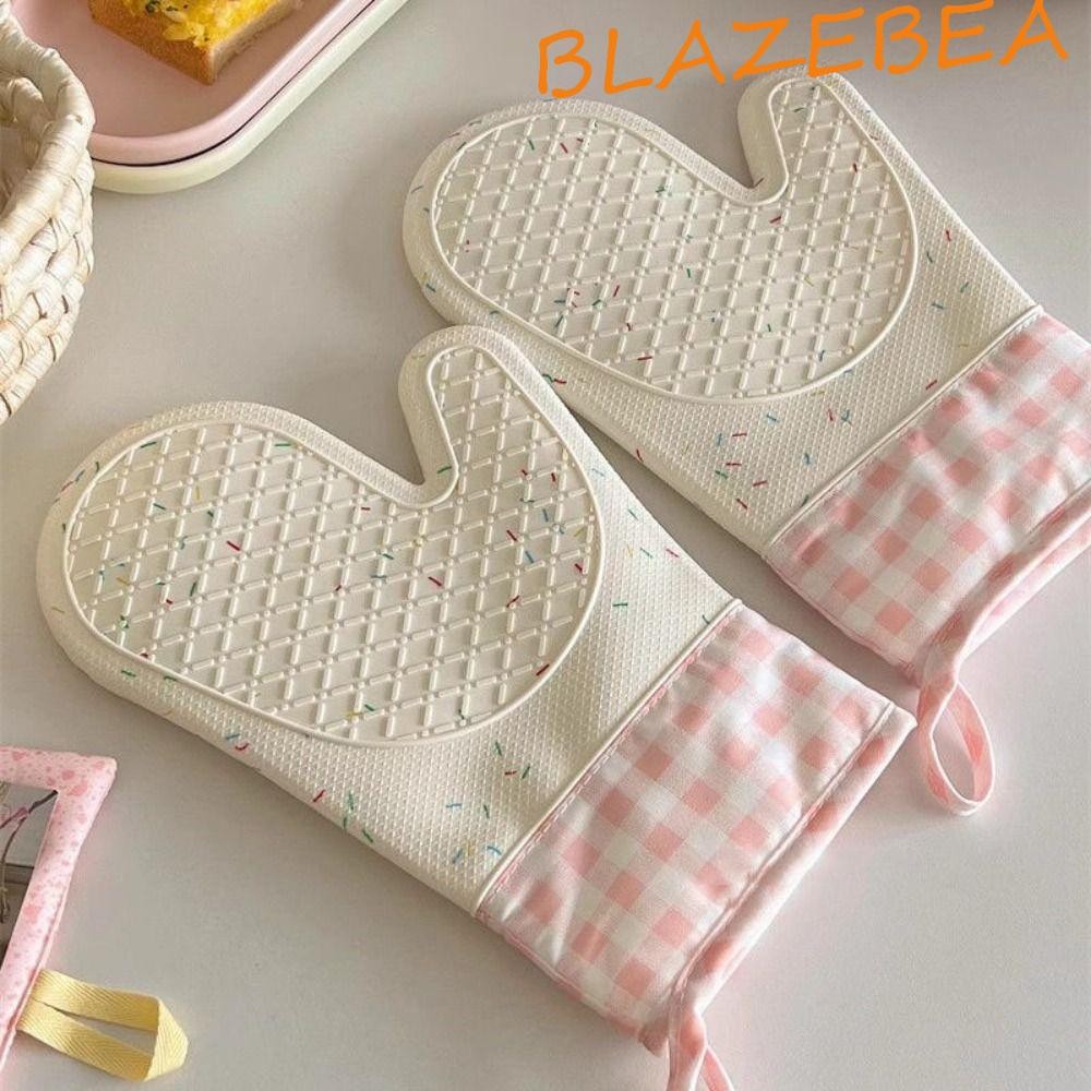 Blazebea ถุงมือซิลิโคน, Anti Scalding Anti Slip ถุงมือไมโครเวฟ, กระติกน้ําร้อน Mitts Professional ยืดหยุ่นสีชมพูลายสก๊อตถุงมือเตาอบห้องครัว