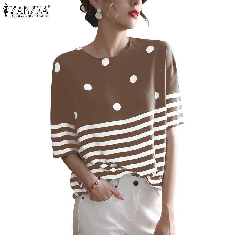 Zanzea เสื้อเบลาส์คอกลมแขนสั้นแฟชั่นสตรีสไตล์เกาหลีลายจุดพิมพ์ลาย
