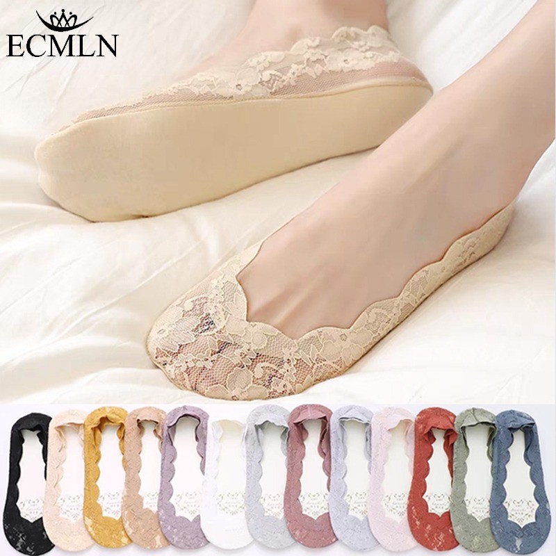 Ecmln ถุงเท้าลูกไม้ตื้นของผู้หญิงซิลิโคนลื่นและไม่มีส้นฤดูร้อนระบายอากาศถุงเท้าสาวที่มองไม่เห็น