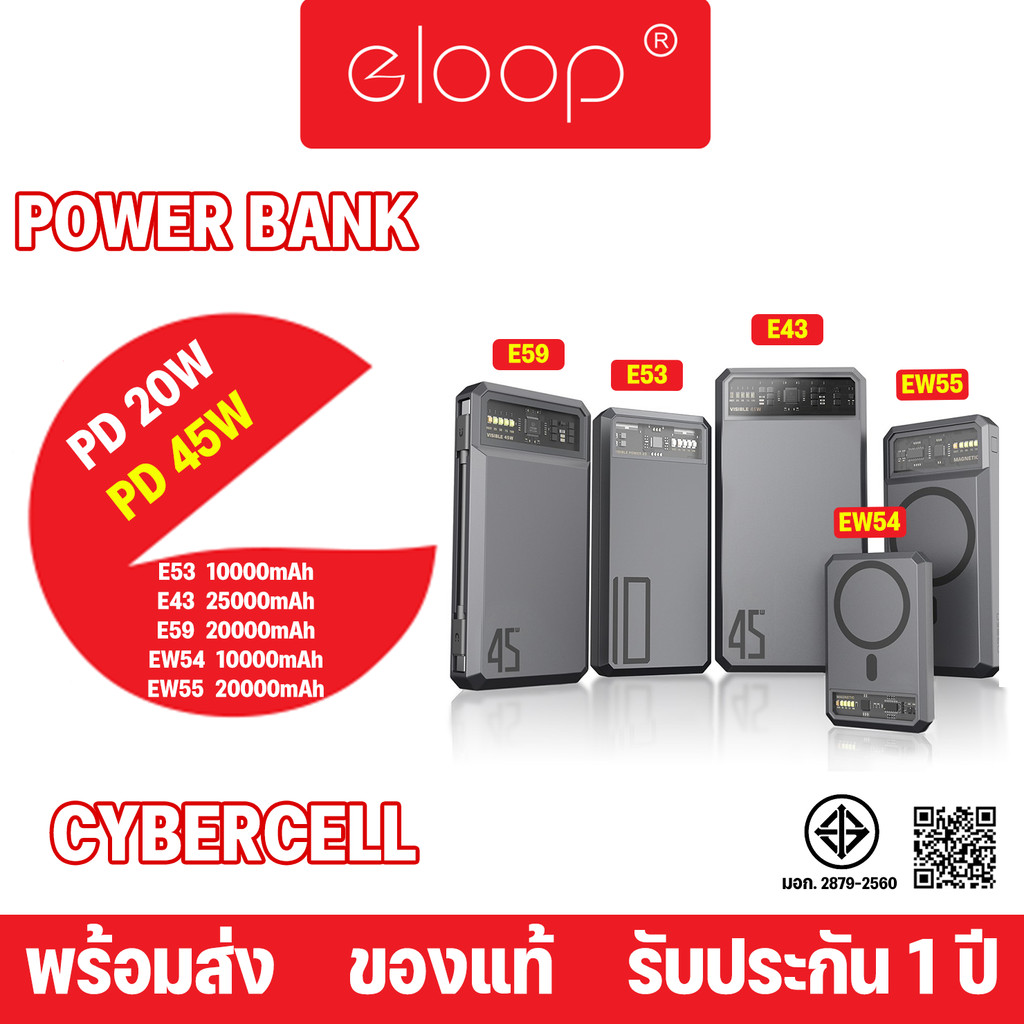 Eloop By Orsen รุ่น E53 EW54 EW55 E43 E59C E59L 10000mAh 20000mAh 25000mah แบตสำรองไร้สาย PowerBank