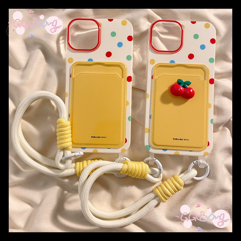 การ์ตูน 3 มิติเชอร์รี่สองสายคล้องกระเป๋าสตางค์ครอบคลุมผู้ถือบัตรเคสไอโฟน11 17 16 15 13 14 12 Pro Max XR 7 16 15 8 Plus X