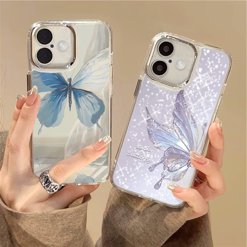 สําหรับ iPhone 16 15 13 14 11 12 Pro MAX Plus Gradient ผีเสื้อหรูหราโปร่งใส Soft iPhone Casing