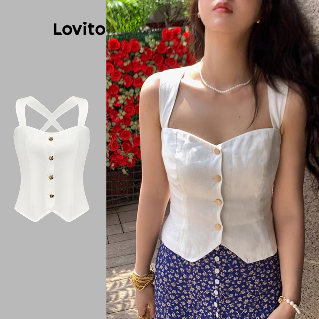 Lovito เสื้อกล้ามกระดุมธรรมดาสบาย ๆ สำหรับผู้หญิง L95ED085