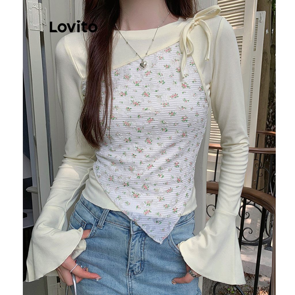 Lovito เสื้อยืดลำลอง ลายดอกเดซี่Fake 2 In 1 สำหรับผู้หญิง LNA79263
