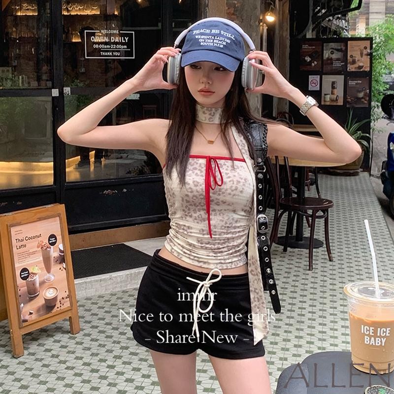 Allen-ผู้หญิงน่ารัก Crop Tube Tops ฤดูร้อนเสือดาวพิมพ์ Off-Shoulder Bandeau พร้อมผ้าพันคอสําหรับ Streetwear ความงาม Grunge เสื้อผ้า