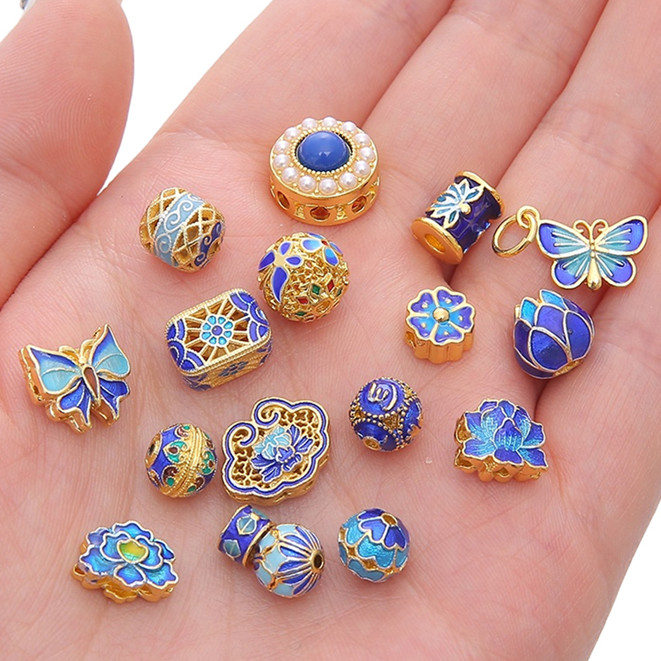 Cloisonne เครื่องประดับลูกปัดสไตล์จีนคลาสสิกอุปกรณ์เสริม 18k Gold-Plated Spacer ลูกปัด Diy ทําสร้อยคอสร้อยข้อมืออุปกรณ์เสริม