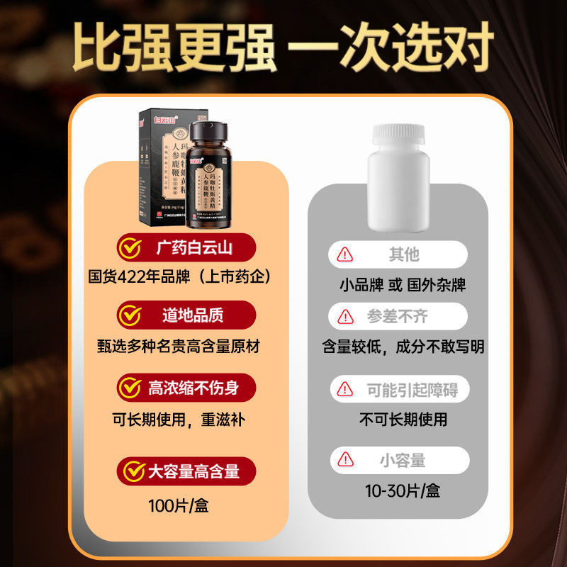 Baiyunshan Maca Oyster Yellow Essence Ginseng Deer Whip 100ชิ้น/ขวดความเข้มข้นสูงพลังของผู้ชายบำรุงส