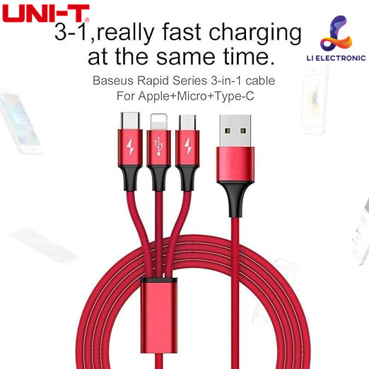 แท้ ส่งจากไทย UNI-T สายชาร์จข้อมูล USB แบบหลายหัว iP Micro USB Type-C สายชาร์จ 3in1 สายชาร์จข้อมูลเร็ว 3A (สีแดง)