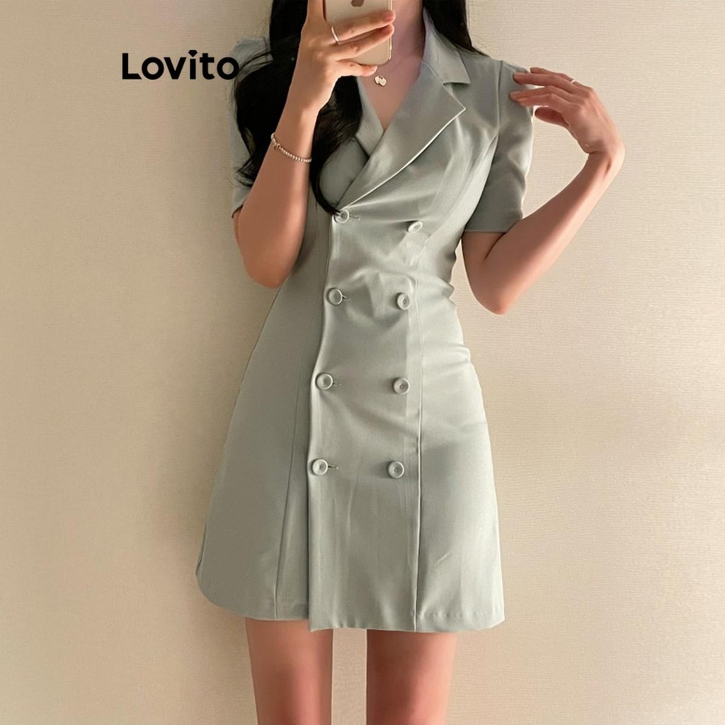Lovito ชุดเดรสผู้หญิง กระดุมสองแถว สีพื้น สไตล์หรูหรา LNM65192