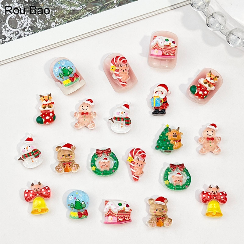 Rou Bao 50 ชิ้นเล็บโปร่งใสชุดคริสต์มาสการ์ตูน Santa Claus Elk พวงหรีดเรซิ่นเล็บ Art DIY Charms ตกแต่ง