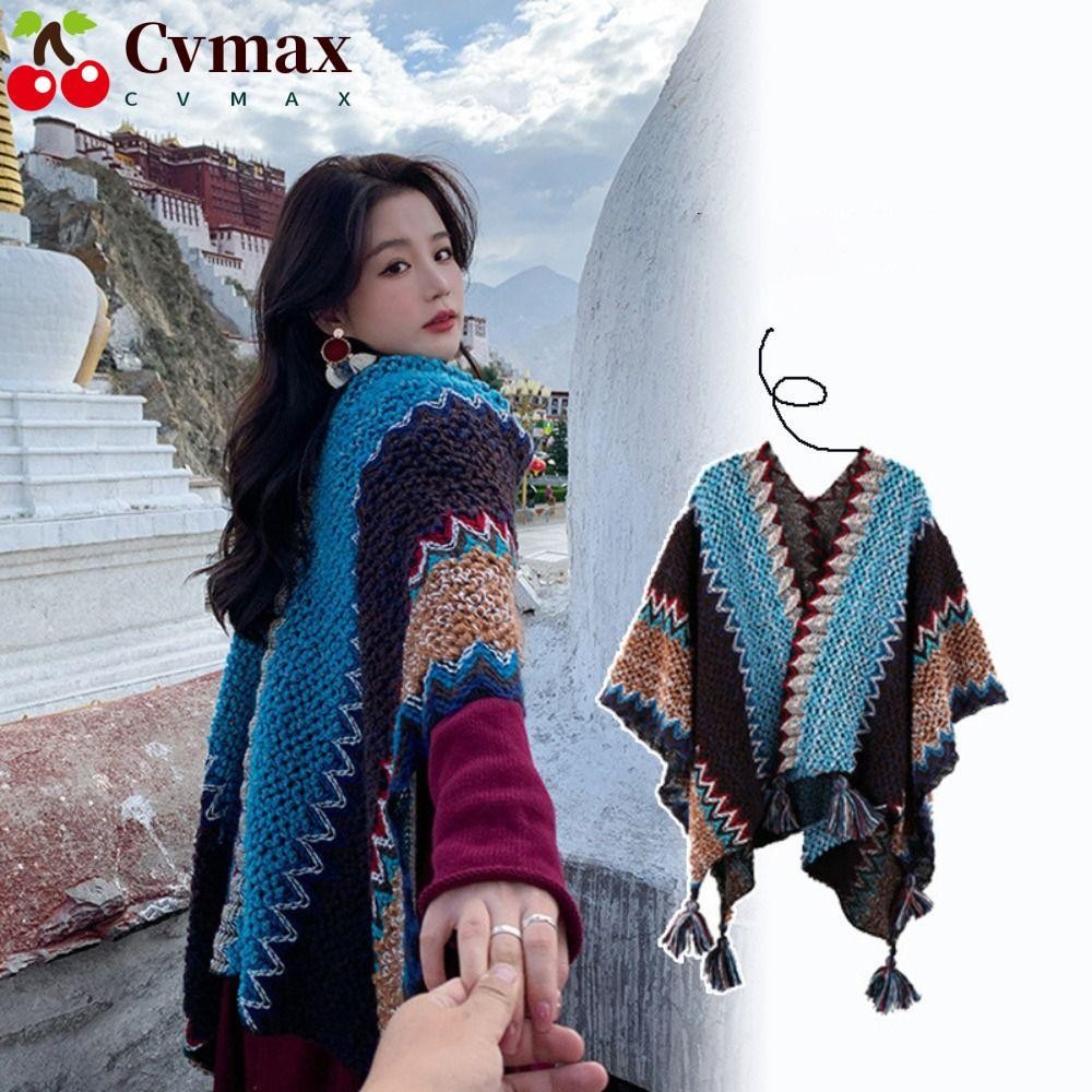 Cvmax ผู้หญิงพู่ผ้าคลุมไหล่,สไตล์ชาติพันธุ์สไตล์โบฮีเมียนถัก Cape,แฟชั่น Retro Splicing Rhombic Stripe มองโกเลีย Poncho การท่องเที่ยว