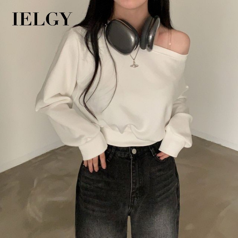 IELGY เสื้อท็อปเปิดไหล่สุดชิคเกาหลีสําหรับผู้หญิงพร้อมเสื้อสเวตเตอร์สีทึบสั้นหลวม