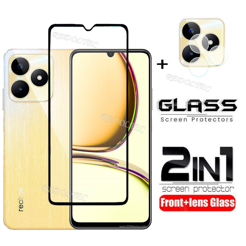 2 in 1 Realme C53 C51 Note 50 ป้องกันหน้าจอ + เลนส์ป้องกันคลุมทั้งหมดกาวเต็ม Realme C53 C51 Note50 ฟิล์มกระจกนิรภัยป้องกันพร้อมกล้อง Flim ป้องกัน