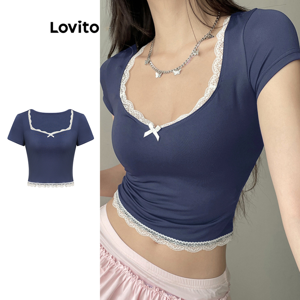 Lovito เสื้อยืดคอระบายธรรมดาสำหรับผู้หญิง L99ED397