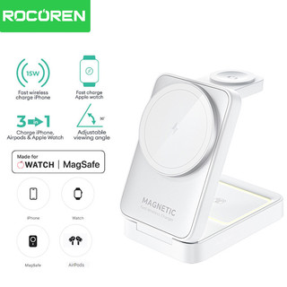 Rocoren 3 in 1 Foldable Magnetic Wireless Charger Desktop Holder 15W Fast Charging Station For iPhone 17 16 Pro Max Air iWatch