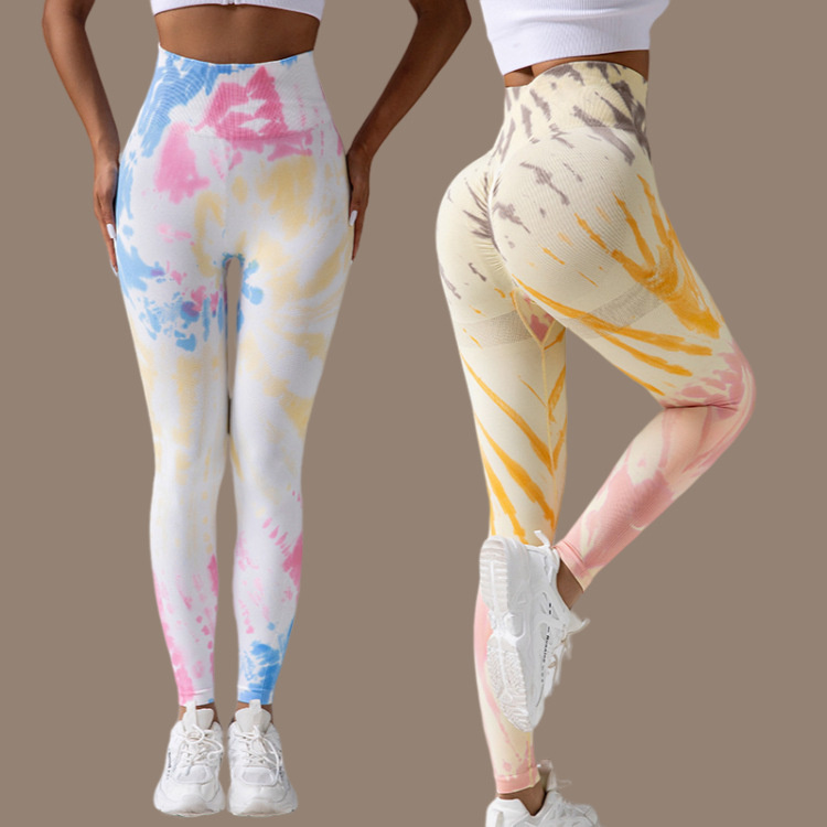 Y สไตล์ใหม่ Tie-Dye กีฬา Hip-Lifting เอวสูงกางเกงระบายอากาศ Drip-Dyeing กางเกงออกกําลังกายมือวาด Pe