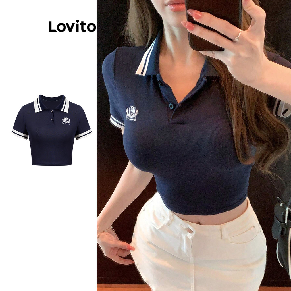 Lovito เสื้อยืดเย็บปักถักร้อยธรรมดาสำหรับผู้หญิง L105MD112