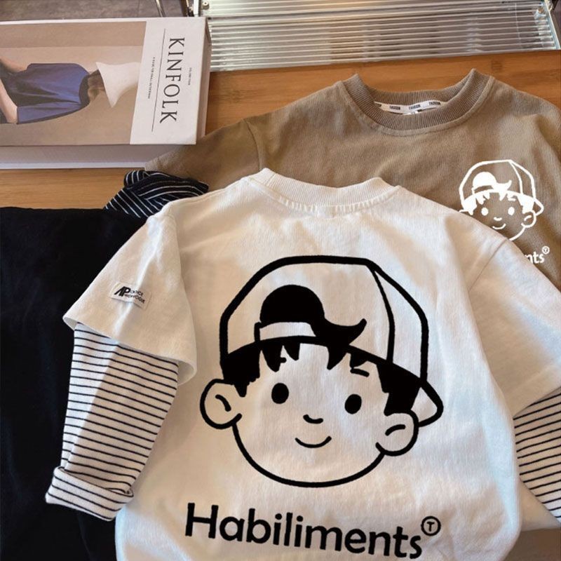 ผ้าฝ้าย 100% ชายเสื้อยืดแขนยาวปลอมสองใหม่ 2024 พิมพ์ท็อปส์