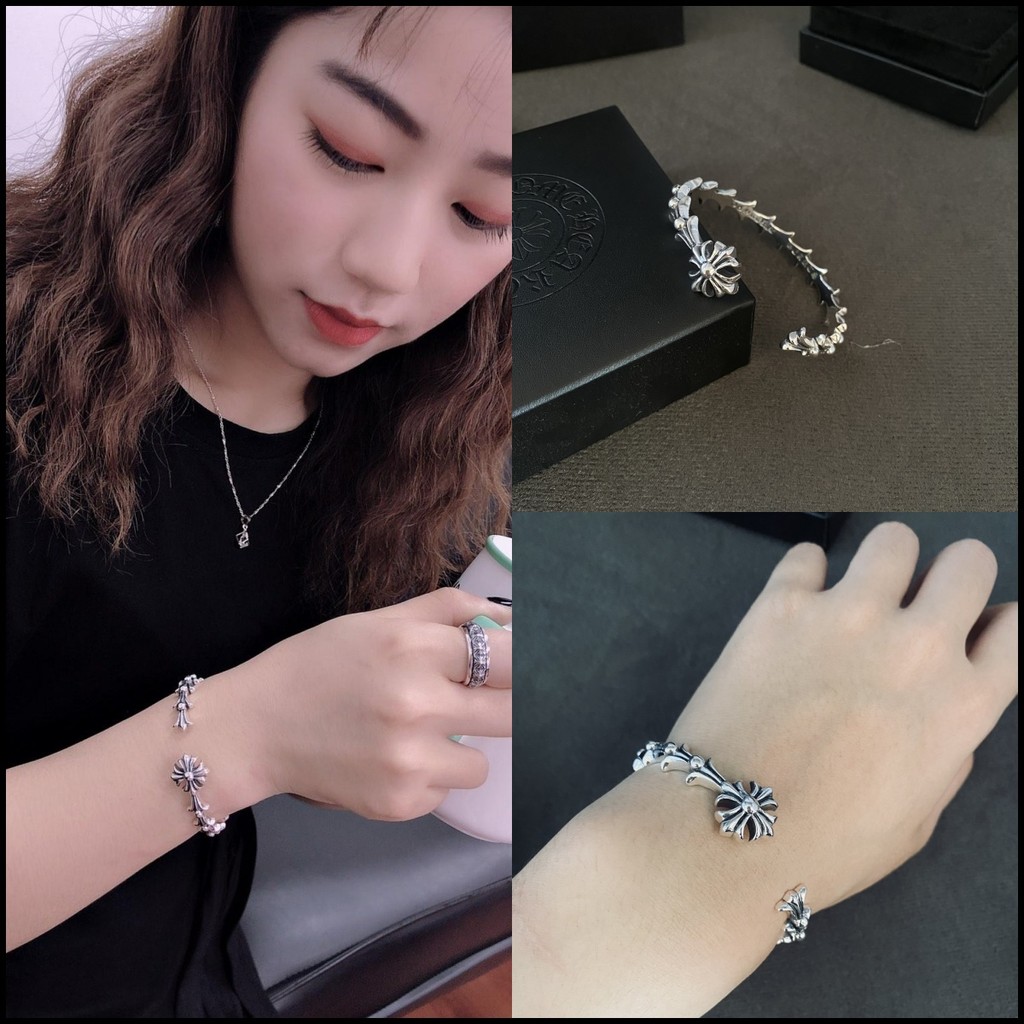 Chrome HEARTS Cross Phoenix Tail สร้อยข้อมือ Retro Punk Gothic Rock Fishbone เปิดสร้อยข้อมือ Street Hip Hop เครื่องประดับ Luxury Party ของขวัญ 7118