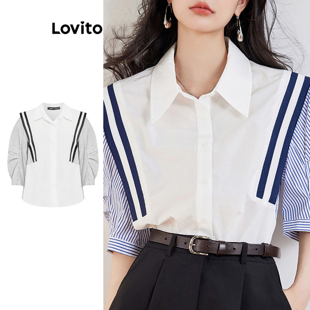 ซื้อ Lovito เสื้อเบลาส์ผู้หญิง กระดุุมด้านหน้า คัลเลอร์บล็อก ลายทาง สไตล์ลำลอง LNE58290(หลากสี)