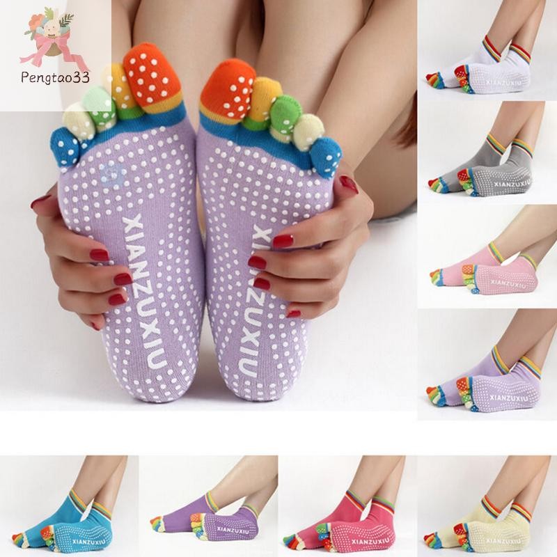 Pengatao33 1 คู่ Anti-Slip ผู้หญิงข้อเท้า Grip ทนทานสีสันห้านิ้วถุงเท้าผ้าฝ้ายโยคะ COD
