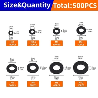 PULSEE 500 ชิ้นไนลอนเครื่องซักผ้า,ซีล O แหวน Assortment ชุด M2-M10 Plane Spacer, สีดําสีขาว 8 ขนาดแบนฉนวนกันความร้อนปะเก็นแหวน