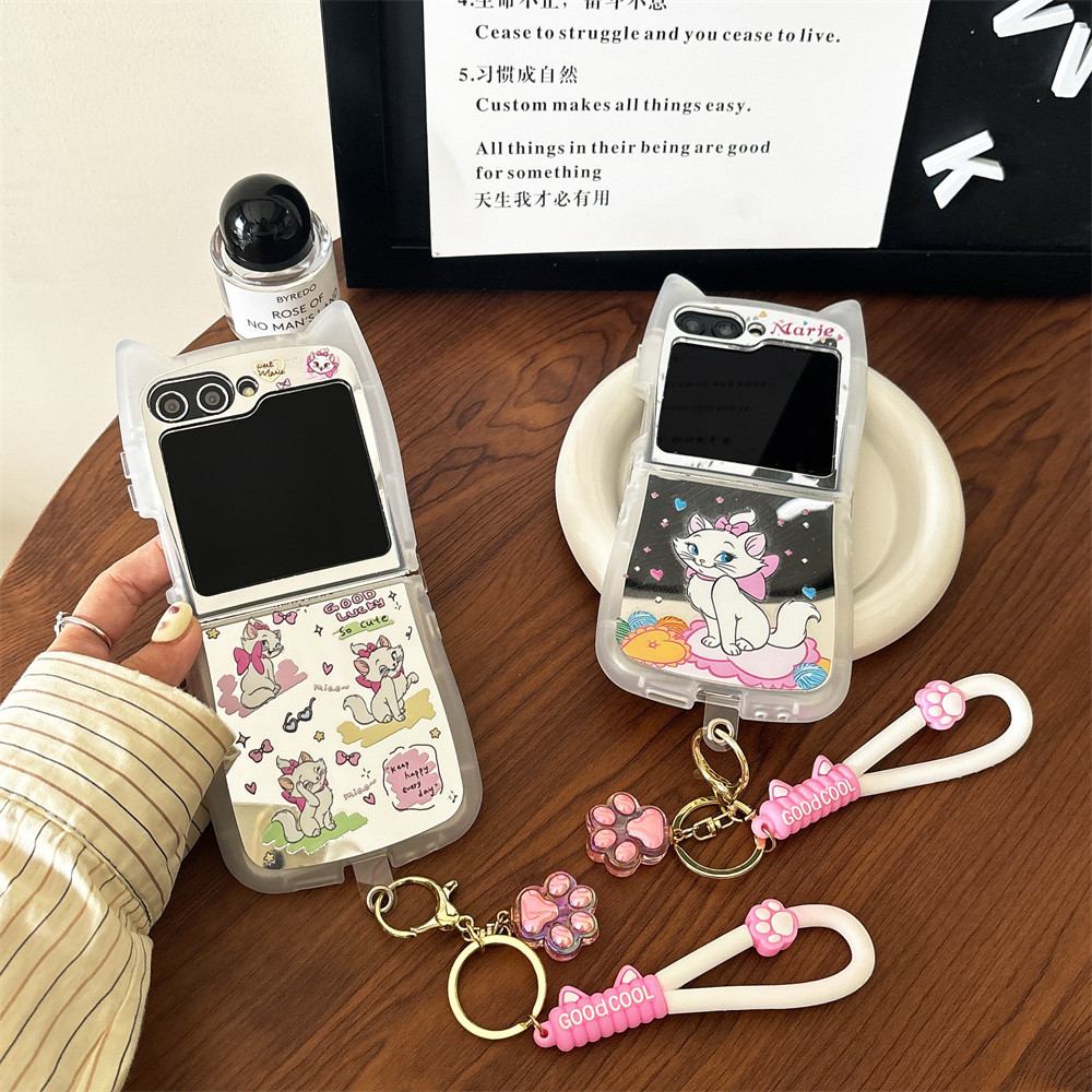 Marie Cat Mirror face Cat หู TPU สําหรับ Samsung Galaxy Z Flip 6 5 4 3 5G Funda เชือกสร้อยข้อมือกรณี