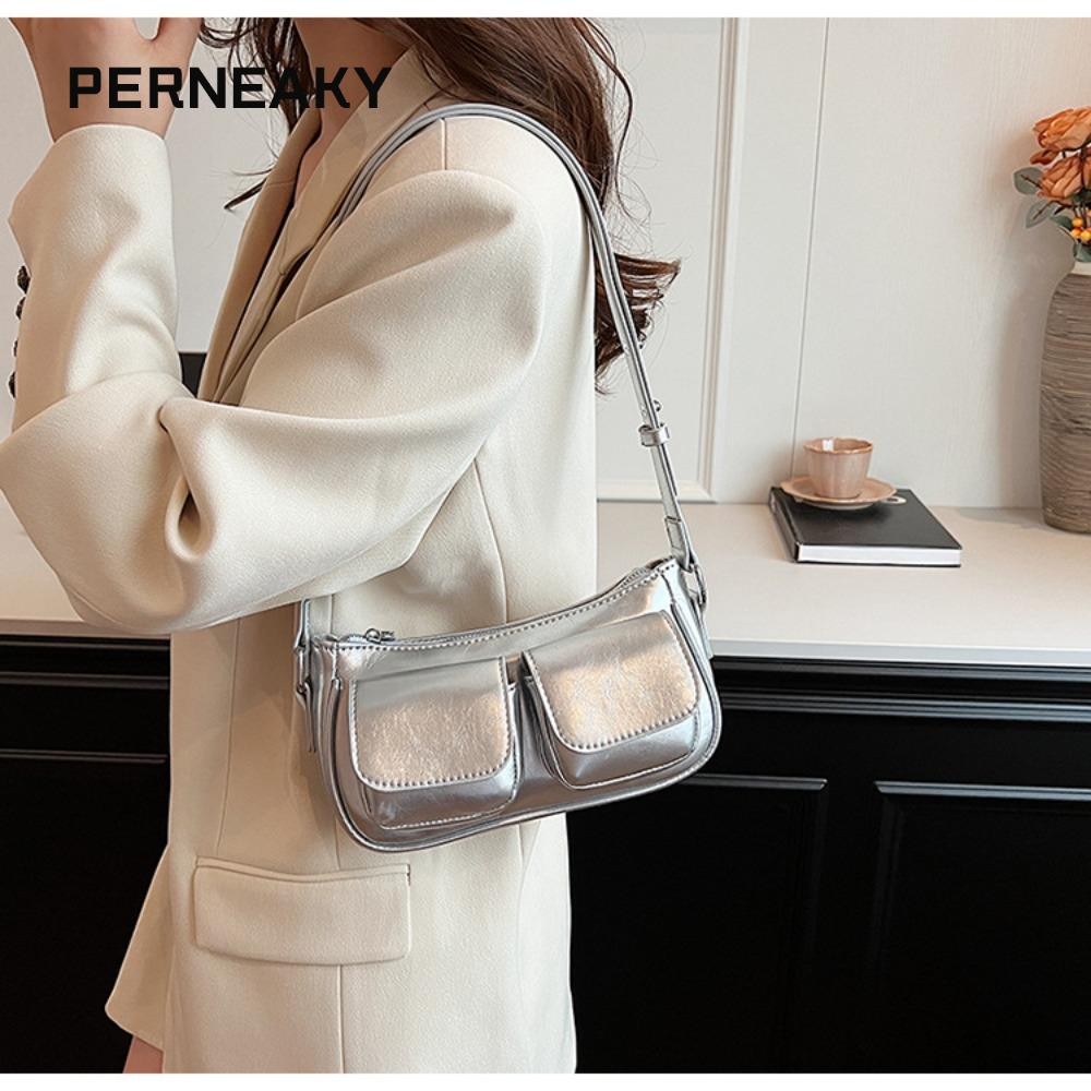 Perneaky กระเป๋าสะพาย, กระเป๋าโท้ทความจุสูงสีทึบ, Y2K PU Leather Zipper Square Satchel Girls