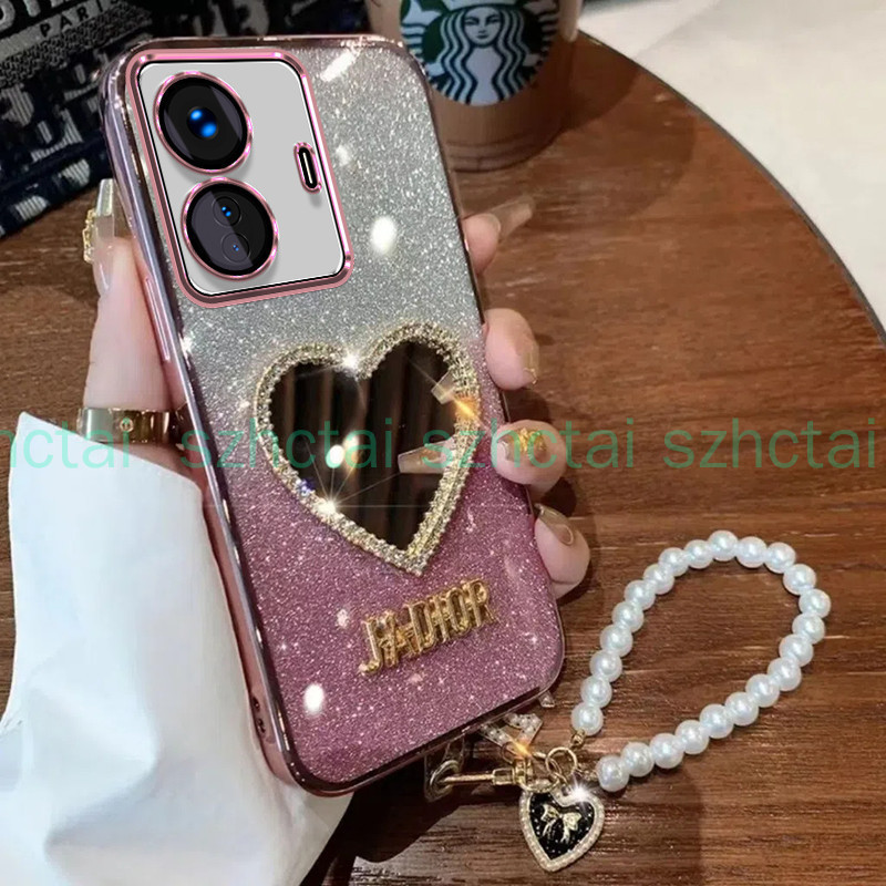 เคส vivo Y76 5G Y77 5G y77e หรูหราเครื่องสําอางแต่งหน้ารักกระจกเคสนิ่มพร้อมสร้อยข้อมือเชือกเส้นเล็กฝ