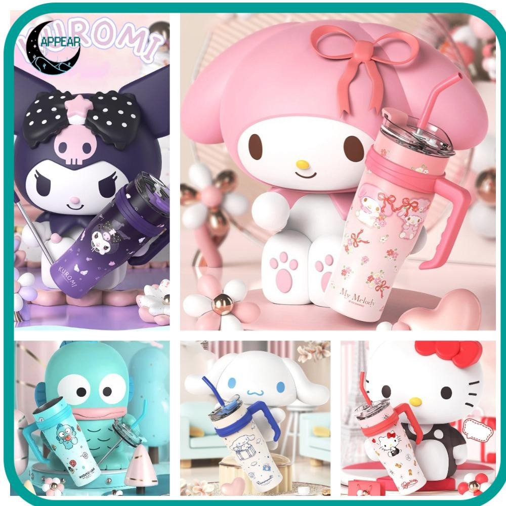 Appear กระติกน้ําร้อน,พร้อมฟางขวดน้ําสแตนเลส Tumbler, Sanrio 1200ml ความจุสูง Hello Kitty Kuromi Cinnamoroll Melody กระติกน้ําสูญญากาศขวดน้ําเด็ก