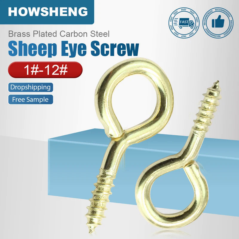 HOWSHENG Brass Sheep Eye Hook Screw Nail 1# 2# 3# 4# 5# 6# 8# 10# 12# Copper Plated O Shaped Self Ta